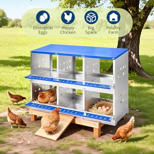 50.39" Metal Chicken Nesting Box, 4-Compartment Poultry Nest Box with Perch and Ventilation Holes, Blue Roof Hen Laying Box for Up to 8 Chickens - color: Blue A, size: 37.8"L x 18.9"W x 28.0"H