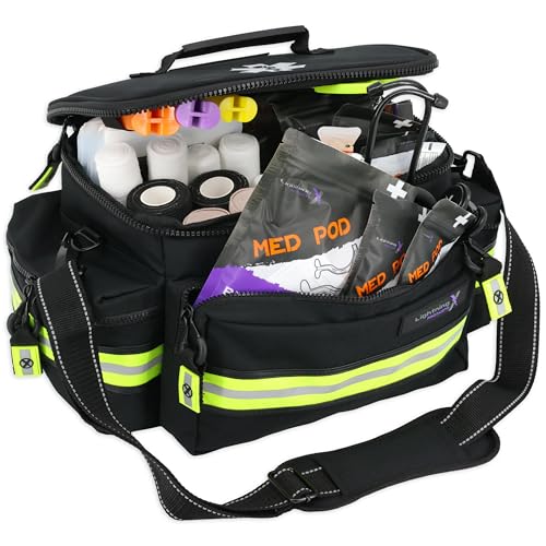 Lightning X Mid-Sized First Responder EMT Bag | LXMB25 | Fully Stocked w/ 248+ First Aid Supplies + Trauma Pak w/C.A.T. Tourniquet & QuikClot - Black - color: Black