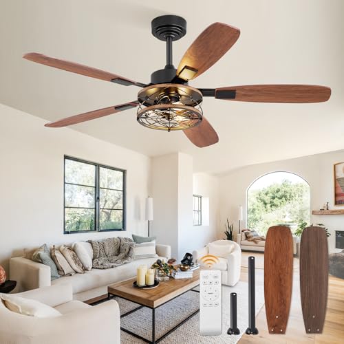 52 Inch Farmhouse Ceiling Fan with Light and Remote, Black Industrial Caged Flush Mount Ceiling Fans with 6 Speed Reversible Motor and Dual Finish 5 Blades, Rustic Ceiling Fan for Living room, Bedroom | Industrial Caged Flush Mount Ceiling Fans with 6 Spe