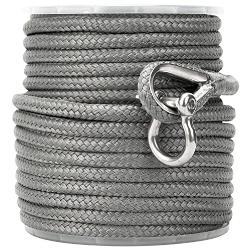 MARINE SYSTEM Made 3/8 Inch 100 FT 150 FT Black Grey Nylon Anchor Line Double Braided Anchor Rope/Line with Thimble (3/8" x 150' Grey Nylon) - color: 3/8"x150' Grey