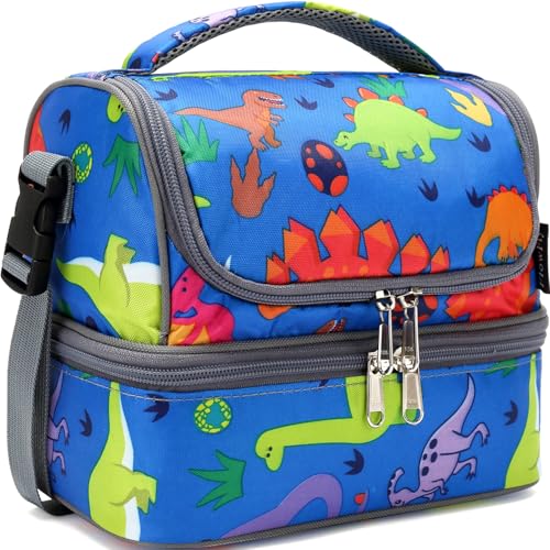 FlowFly Kids Double Decker Cooler Insulated Lunch Bag Large Tote for Boys, Girls, Men, Women, With Adjustable Strap, Dinosaur - color: Dinosaur