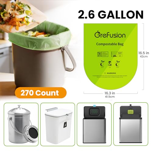 GreFusion Compostable Trash Bags, Small 2.6 Gallon, 270 Count, 0.72 Mils Thick, Eco Friendly, ASTM D6400 & BPI Certified, Composts Food Scraps, No Leaks - color: 2.6G-270count