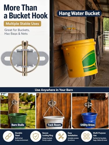 4 PCS Horse Water Bucket Hooks with Locking Pin, Feed Bucket Holder | Heavy Duty Wall Mounted Stable Bucket Hangers for Horse Stall, Barn, Livestock Feeding Supplies