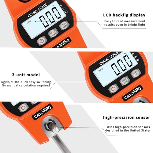 Hanging Scale 660lb/300kg - High-Accuracy Crane Scale with Aluminum Frame and LCD Display. Functions as Fishing Scale and Luggage Scale. for Farm, Hunting, Fitness, and Travel Weighing