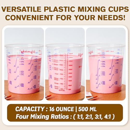 Lilymicky 16 oz Plastic Mixing Cups, 50 Pack 16 oz (500ml) Disposable Measuring Cups with 50 Wooden Mixing Sticks, Can Be Used for Epoxy Resin, Liquid Measuring, Paint, Cooking and Baking