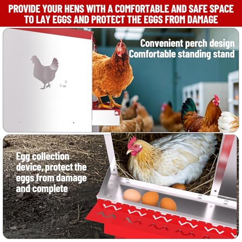 GarveeLife Nesting Boxes for Chickens, 6 Compartment Chicken Nesting Box with Metal Legs, Metal Chicken Laying Boxes with Perch, Secure Lid, Versatile Wall Mount or Free Standing for Hens, Red