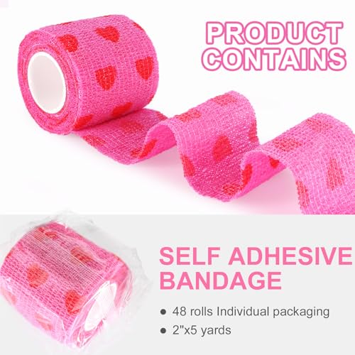 48 Pack Self Adhesive Bandage Wrap, 2” x 5 Yards Cohesive Medical Tape Elastic Grip Tape Black Sports Tape Athletic for Ankle, Wrist Sprains, Pet First Aid (Pink-Heart) - color: Pink-heart