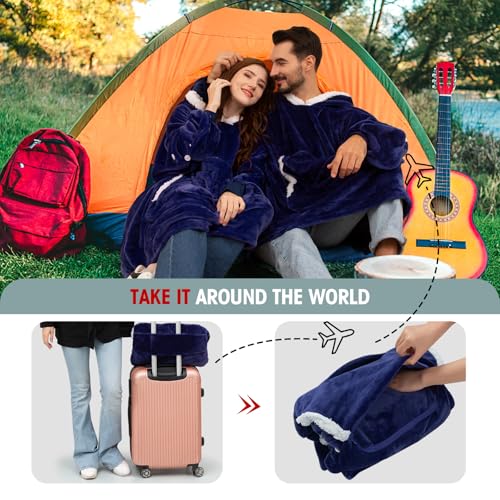 JOYWOO Navy Foldable Wearable Blanket Hoodie with Gloves,Oversized Cat Lovers Sweatshirt Blanket for Adult,Birthday Gifts for Men,Dad,Husband Cozy Sherpa Hooded Blanket with Giant Pocket Winter Gifts - color: Navy Blue, size: Lightweight