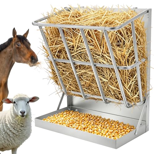 2 in 1 Wall Mount Hay and Grain Feeder, 25 Gallons Livestock Feeder | Galvanized Steel Wall Hay Rack, Hanging Hay Feeder with Mounting Kit for Goats Sheep Horse, Slow Feeder for Goats with Trough - color: Silver