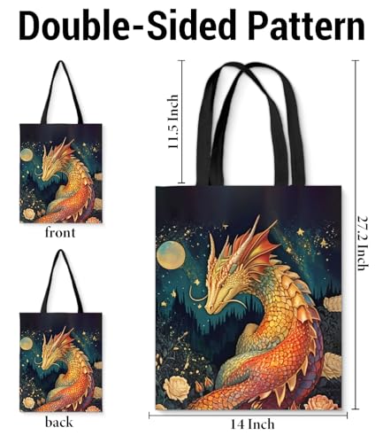 Vintage Botanical Animal Canvas Tote Bag for Women, Aesthetic Floral Animal Reusable Shoulder Bag for Shopping - color: Dragon_02