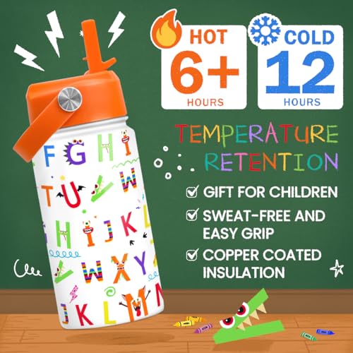 SANDJEST Kids Water Bottle with Straw Lid - 12 Oz Alphabet Insulated Stainless Steel Water Bottles for Kid Girl Boys - Travel Cup for School Sports - color: Alphabet
