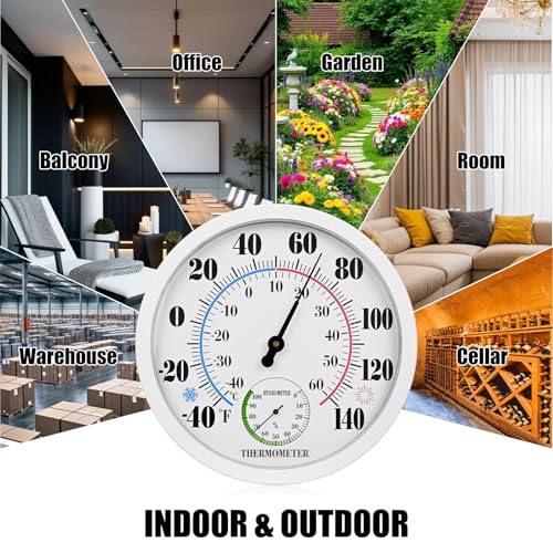 10 Inch Indoor Outdoor Thermometer Hygrometer Combo | Large Dial Analog Temperature Humidity Gauge, Wall Mount Weather Thermometer for Home Patio Greenhouse Garage Room
