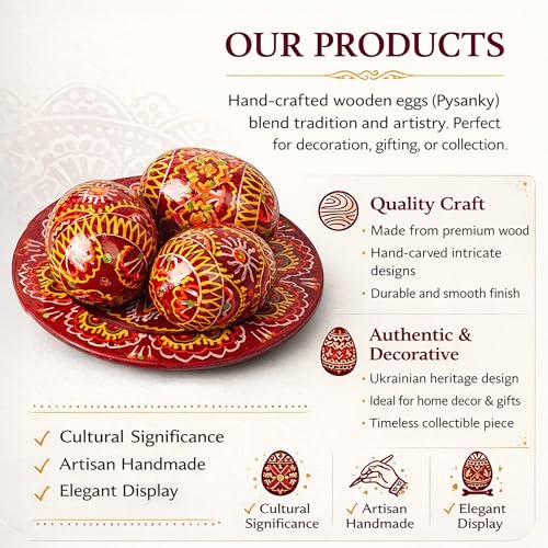 LOVARE Red Vintage 2.0'' Hand Painted Wooden Ukrainian Easter Egg Ornaments (Pysanky) - Set of 3 Mini Chicken Eggs on Plates by QG Group
