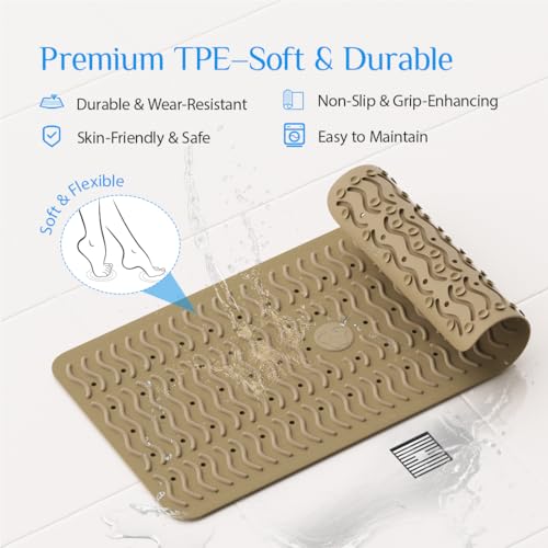 Non Slip Bathtub Mat & Shower Mat, 31x15'' Anti Slip Bath Mat for Tub, Soft TPE Anti-Skid Bathroom Mat with 194 Suction Cups & Drain Holes, Wave-Textured Grip, Machine Washable,Brown - color: Brown