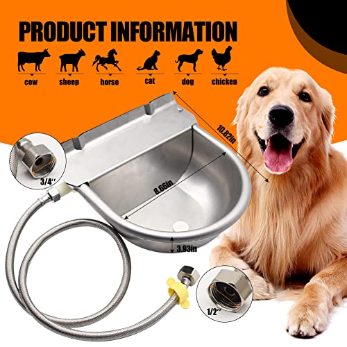 Automatic Livestock Water Bowl Float Valve Self-Filling Dog Goat Chicken | 304 Stainless Steel Animal Waterer Auto Refill, Horse Pig Cow Sheep Cat, Drainage, 3/4" GHT Hose & Mounting Bolts, Farm Ranch