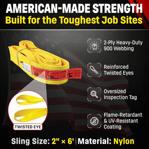 DD Sling (USA Made). 2" wide X (4' to 20' lengths) in Listing! 2 Ply Twisted Eye, Nylon Lifting Slings, Eye & Eye, Heavy Duty (900 webbing), 6,400 lbs Vertical, 5,100 Choker, 12,800 Basket Load Capacity (2inX6ft) - size: 2 in x 6 ft