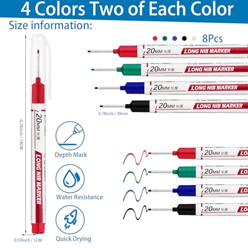 8 PCS Long Head Deep Hole Marker Pens,20mm Long Nib Marker, Longs Nose Markers, Waterproof Construction Markers Marking Tool,Permanent Markers Carpenter Ink marker Pens,Metal marking Pens 03 - color: 8PCS-20MM-Red/Blue/Green/Black