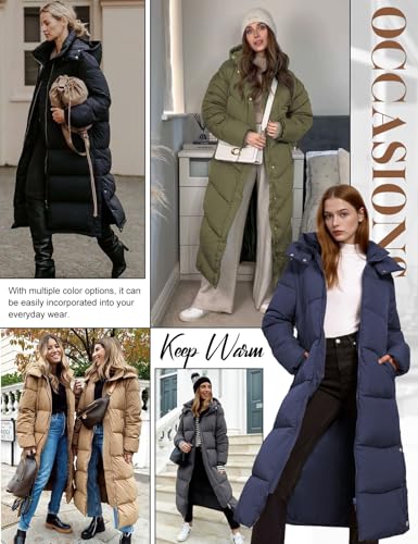 UMIPUBO Women's Long Maxi Down Coat Winter Puffer Jacket | Extra-long,Water Repellent,Side pocket,Faux Fur Removable Hood,Full-Zip,Warm Padded Outerwear - color: Military Green, size: Large