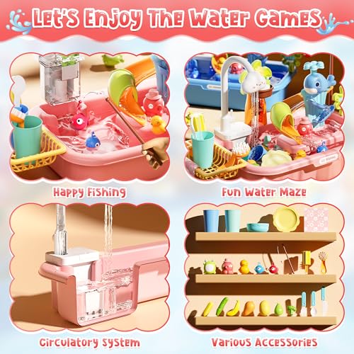 Upgraded Toddler Sand Water Table Toy with Electric Water Pump, Kids Sand Water with Faucet/Play Food Accessories/Fishing Toy, Kitchen Play Sink Toys for Girl Boy Age 3+ (Pink) - color: Pink