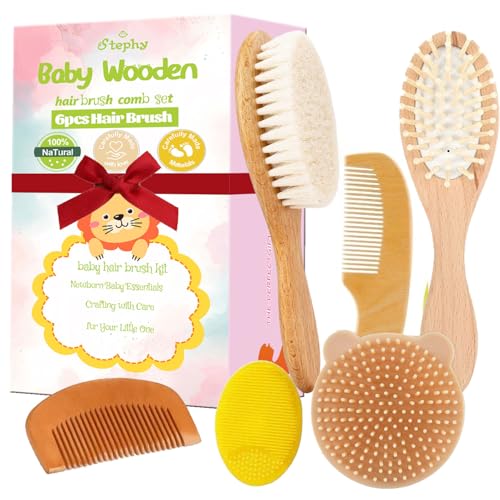 6 Piece Baby Hair Brush & Comb Set, Natural Bamboo & Goat Bristle for Cradle Cap Care, Newborn to Toddler Grooming Kit with Silicone Scrubbers for Scalp Massage