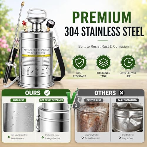 1Gal Stainless Steel Pump Up Sprayer Reinforced Hose, Hand Pump Sprayer with Pressure Gauge&Safety Valve, Adjustable Nozzle Suitable for Gardening (1 Gallon) - style: 1 Gal