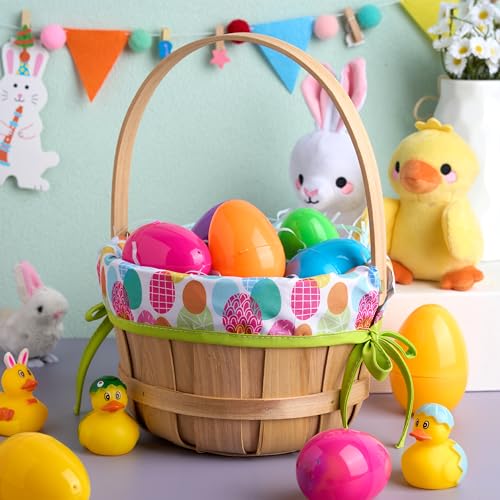 JOYIN Easter Wooden Basket with Liner, Portable Wood Buckets with Folding Handle, Easter Eggs Candies Party Favor Storage Container, Empty Gift Basket for Egg Hunt, Kids Party Treats & Picnic