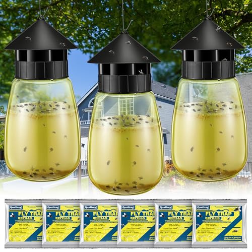 Qualirey Reusable Outdoor Hanging Fly Trap Bottles with Bait Refill, Non Toxic Flies Trap Jar, Fly Catcher Killer Flying Control for Outside Farms, Stables, Barns, Garden, Patio (3 Pack,Design)