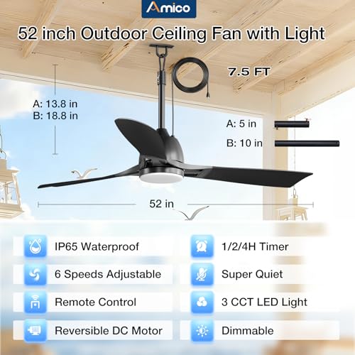 Amico 52" Outdoor Ceiling Fans with Lights, IP65 Waterproof Gazebo Fan | Waterproof, Remote Control, 3000-6000K, 6 Speeds, Hook Hanging Plug in, for Patio Porch Pergola Garage Canopy - size: 52 inch