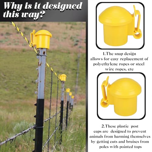 DoubleFill 24 Pcs Electric Fence Insulators and T Post Safety Cap, T Post Safety Topper Black Plastic Insulators for Wood Posts Wire Holding Fencing Garden Farm Highway Sport Fences Supplies (Yellow) - color: Yellow
