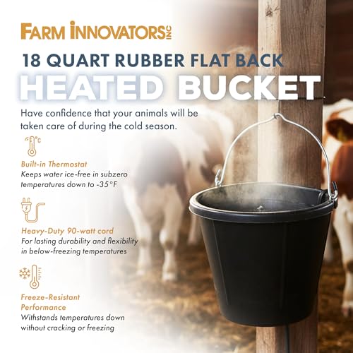 Farm Innovators FB-15R Heated Flat-Back Rubber Bucket, Hanging Water Bucket with Built-in Thermostat and 90W Cord, 18 Quarts | Thermostatically controlled to operate only when necessary, resists cold weather cracking down to -35°F, anti-chew cord - color: