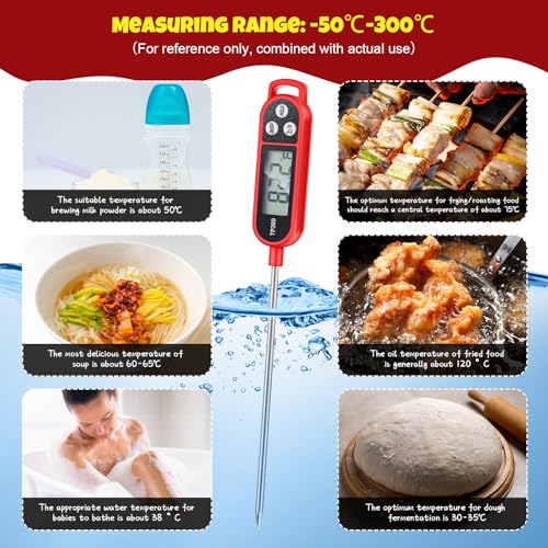 6 Pcs Instant Read Meat Thermometer Long Probe,Red | Probe Waterproof Digital Thermometer, For Cooking BBQ Water Milk Liquids, Quick Accurate Food Temperature - color: Red