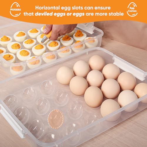 Deviled Egg Containers with Lid, (Set of 2), Plastic Tray Carrier with Handle, Holds Up to 48, Clear Storage Platter for Devil Egg, Portable Fridge Stackable Platter Holder