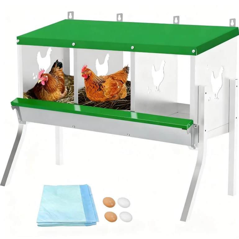 Chicken Nesting Boxes, 3 Compartment Metal Stainless Steel Chicken Laying Boxes with Legs, Removable Roll-Away Trays & 2-in-1 Perch, Easy to Clean and Install, for Outdoor Chicken Coop, Green - color: Dark green, size: 3 Room&Mat eggs