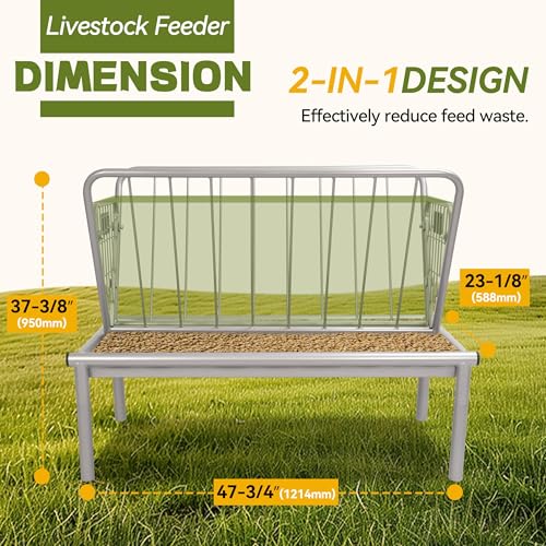 Kojem 4 Ft Long Livestock Feeder, Heavy Duty Steel Livestock 2 in 1 Grain & | Hay Feeder, Outdoor Pasture Feeder with Feeding Pan for Goats, Sheep,Ponies, Cow, Horse for Farms, All Weather Feeder