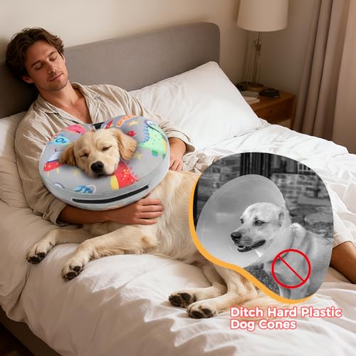 PAWCHIE Inflatable Dog Cone Collar Alternative, Soft Dog Cone for Medium to Large Dogs After Surgery, Adjustable Neck Recovery E-Collars Donut Collar with Cute Dinosaur Prints, Grey M - color: Grey, size: M(Neck:13"-16")