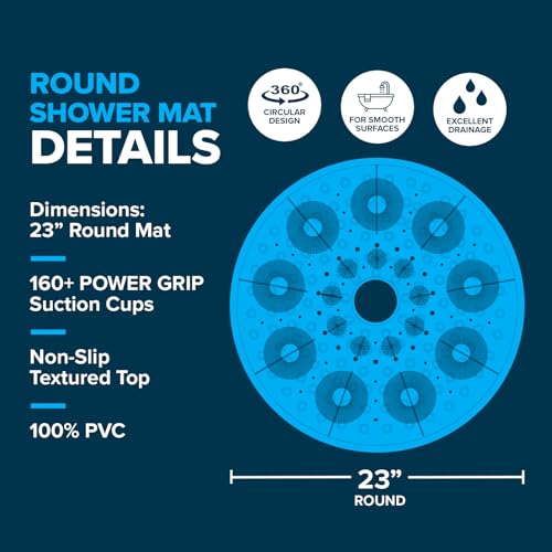 SlipX Solutions 23" Non Slip Round Shower Mat, Drain Hole, Clear, 2 Pack | Wet Surface Protection For Elderly & Kids Bathroom, Drainage Holes, 160 Suction Cups, Fits Shower Stalls, Dorms, & RV's