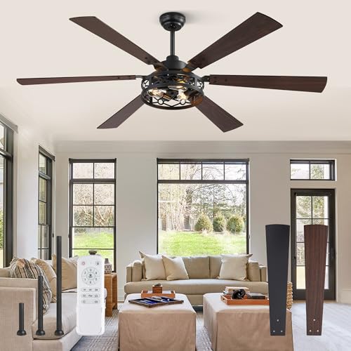 Fanbulous 65 Inch Ceiling Fan with Light and Remote, Farmhouse Large, Black | Industrial Caged Rustic, Downrod Mount, Quiet Reversible DC Motor, Powerful 6 Speeds, Timer, for Living Room, Bedroom, Indoor - color: Black, size: 65 Inch