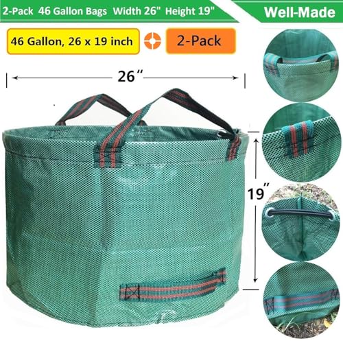 Standard 2-Pack 46 Gallon Lawn Garden Bags (D26,H19 in) Yard Waste Bags W/Gardening Gloves for Leaf Bag,Yard Debris,Trash Container,Recycling Bin,Camping Waste Bin,Grass Clippings,Weeds Bag 4 Handles