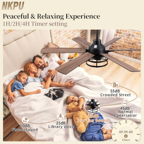 NKPU 52 Inch Farmhouse Ceiling Fan with Light and Remote, Brown Industrial Caged Rustic Ceiling Fan with 6 Speed - color: walnut
