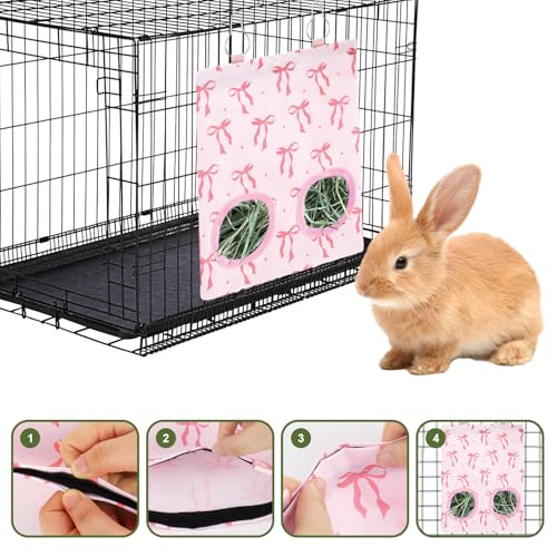 JarThenaAMCS 2Pcs Rabbit Hay Feeder Bag with 2 Holes Pink Bow Guinea Pig Hanging Hay Feeding Bag Storage Dispenser for Chinchilla Hamster Bunny Small Animal Pet - size: 11.5 x 9 inch