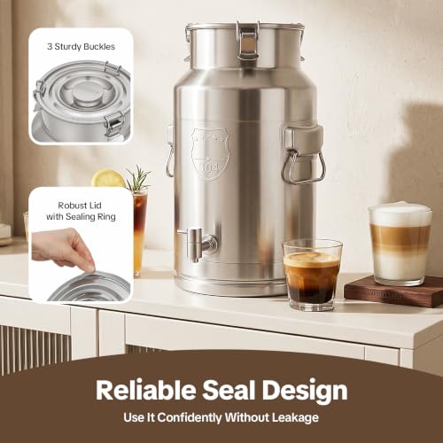 304 Stainless Steel Beverage Dispenser, 5.28Gal/20L Drink Dispenser | Water Beverage With Spigot Milk Can Milk Pail Bucket, For Hot Water, Cold Milk, Coffee, Tea, Juice - size: 5.28Gal/20L