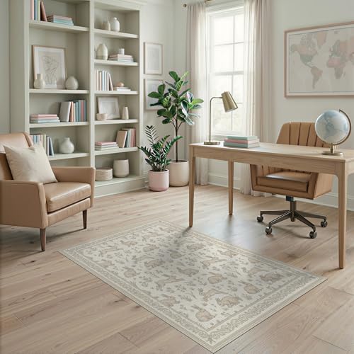 4'x6' Washable Flatwoven Rug, Cream Farmhouse Floral Easy Care Throw Carpet for Dorm Room, Small Living Room, Apartment, Stain Resistant Low Profile Floor Covering | Ref:1969513 - color: Beige/Pattern 21, size: 4' x 6' (Rectangular)