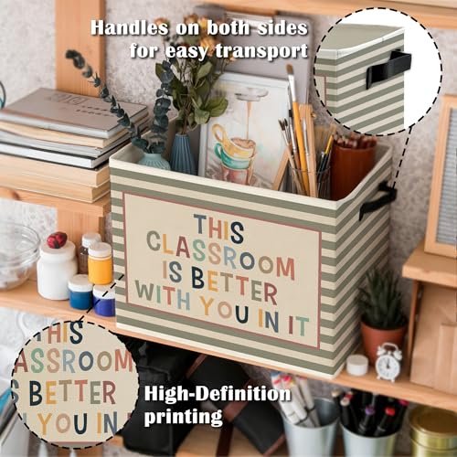 Boho Classroom Storage Bins Box with Handles, This Classroom Is Better You in It Inspirational Striped Collapsible Basket Organizer for Kids Room Nursery Bedroom Books - color: Color04