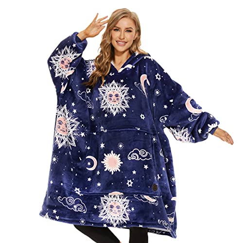 THREE POODLE Wearable Blanket Hoodie for Women, Oversized Sherpa Sweatshirt Blanket for Adults Men, Cozy Hooded Blankets, Glow In the Dark, Gifts for Teen Girls Women Mom Sister - color: Luminous Blue Star, size: Adult