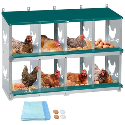 Garvee Large Metal Chicken Nesting Boxes for Hens, 8 Compartment Galvanized Steel Nesting Box, Includes 4 Fake Eggs & 10 Soft Nest Pads Pads, Wall Mount or Freestanding for Coop & Farm - style: 8 Holes