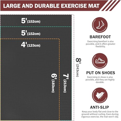 Stepwaver Extra Large Exercise Mat, 6'x4'/ 7'x5'/ 8'x5'/ 9'x5'/10'x5' (6mm) | Non-Slip, Ultra Durable, Shoes-Friendly, High-Density, Thick Workout Mat for Home Gym, Cardio, Jump Rope, MMA, Weights - size: 7'×5'×0.25"