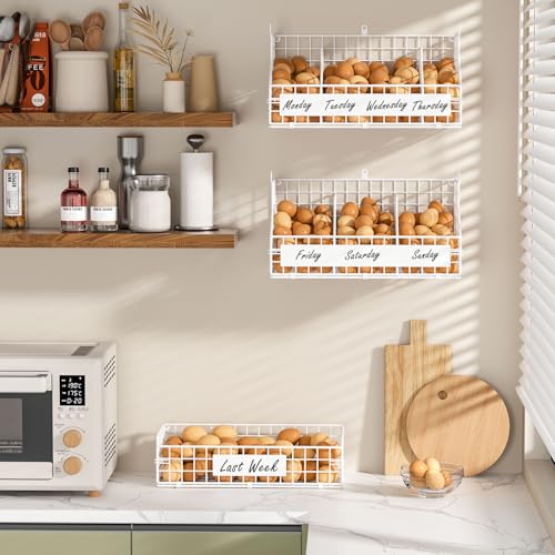 keomaisyto Egg Holder Countertop with 5 Dividers & DIY Nameplate | 3 Tier Stackable Wire Storage Baskets for Gathering Fresh Eggs, Wall-Mounted XXL Egg Rack, White (Patent Pending) - color: White, size: 3-Tier X-Large