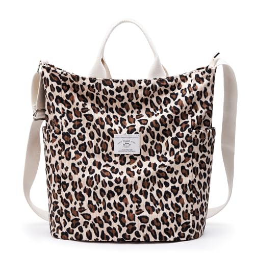 KALIDI Corduroy Tote Bag, Large Slouchy Hobo Messenger Crossbody Bag | Anti Splash Zipper Side Pockets Shoulder Bag Adjustable Strap Lightweight Casual Work Shopping Women - color: Leopard