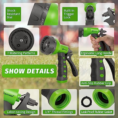 AUTOMAN-Garden-Hose-Nozzle,ABS Water Spray Nozzle with Heavy Duty 7 Adjustable Watering Patterns,Slip Resistant for Watering Plants,Lawn& Garden,Washing Cars,Cleaning,Showering Pets - Green - color: Green