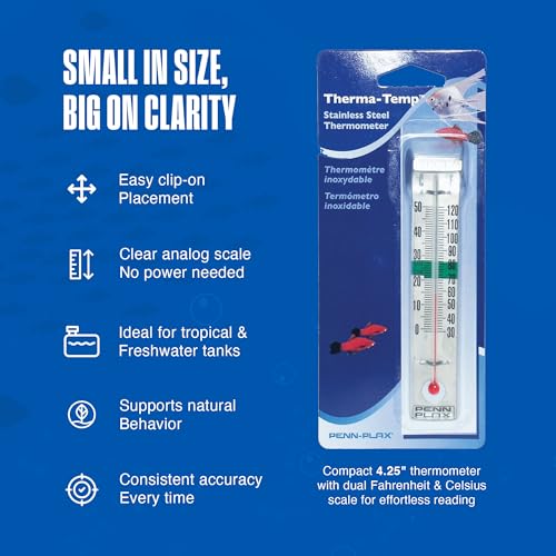 Penn-Plax Therma-Temp Stainless Steel Thermometer - Accurate Aquarium Thermometer - Easy to Read - Dual Scale for Freshwater and Saltwater Tanks - Rust-Resistant Clip-On Design - 4.25 Inches - size: 4.25 inches (Pack of 1), style: Silver
